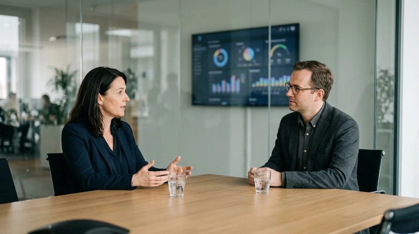 Geschäftsführerin und Steuerberater im Gespräch, im Hintergrund ein Bildschirm mit Dashboards