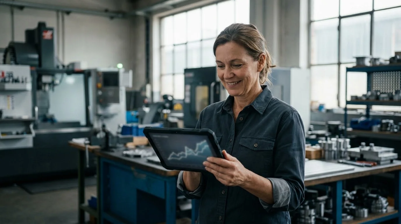 Unternehmerin in ihrer Produktionshalle prüft zufrieden die Liquiditätsplanung auf dem Tablet