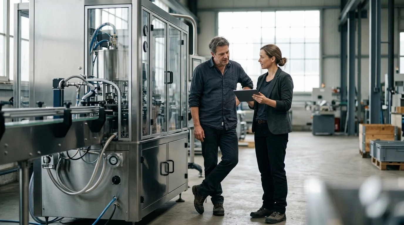 Unternehmer und Steuerberaterin begutachten mit Tablet eine neue Produktionsmaschine