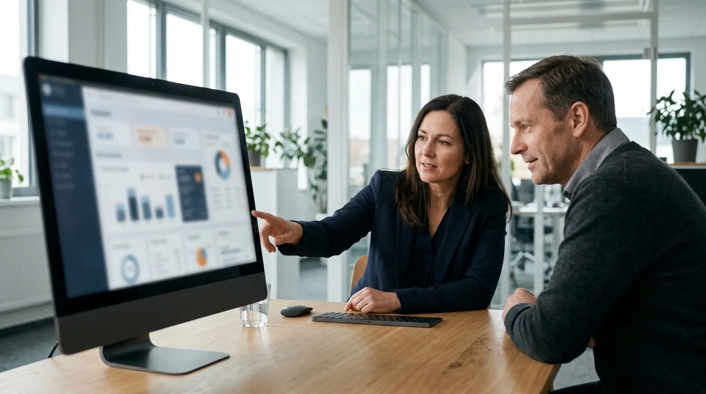Steuerberaterin erklärt einem Mandanten Kennzahlen auf einem großen Monitor