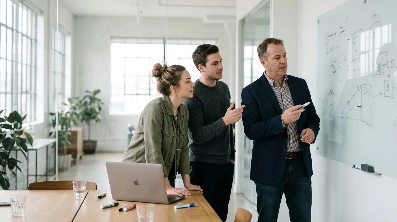 Gründerteam und Steuerberater planen an einem Glasboard den Businessplan