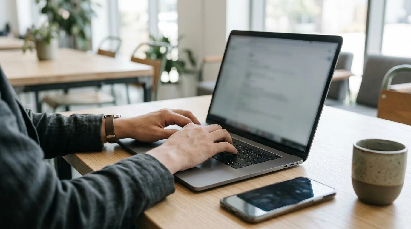 Hände einer Gründerin auf der Laptop-Tastatur, daneben Smartphone und Kaffee