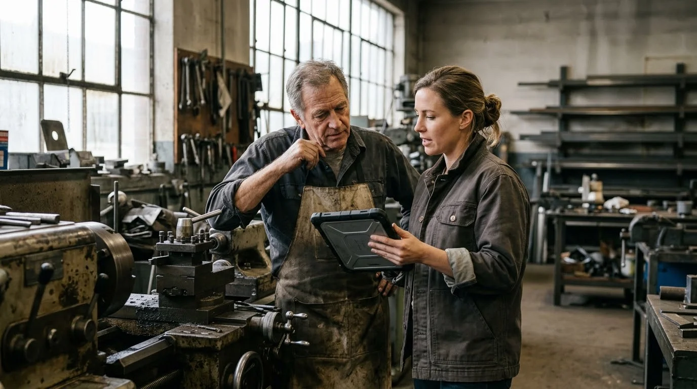 Unternehmer und seine Tochter besprechen in der eigenen Metallwerkstatt die Nachfolge