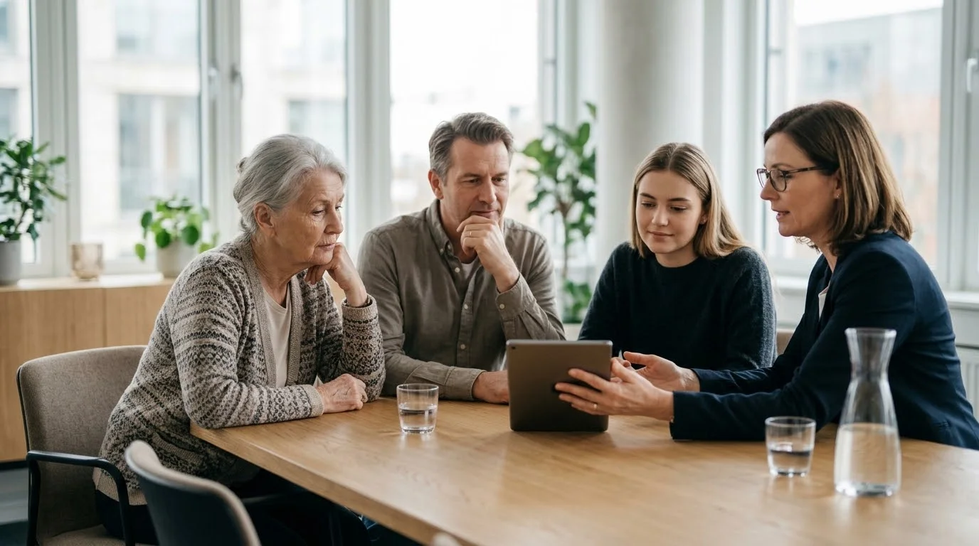 Familie aus drei Generationen im Beratungsgespräch mit einem Steuerberater am Tablet