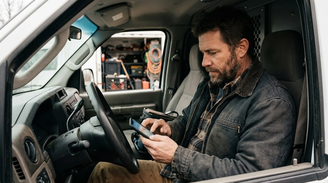 Handwerker lädt im Transporter eine Rechnung per Smartphone-App hoch