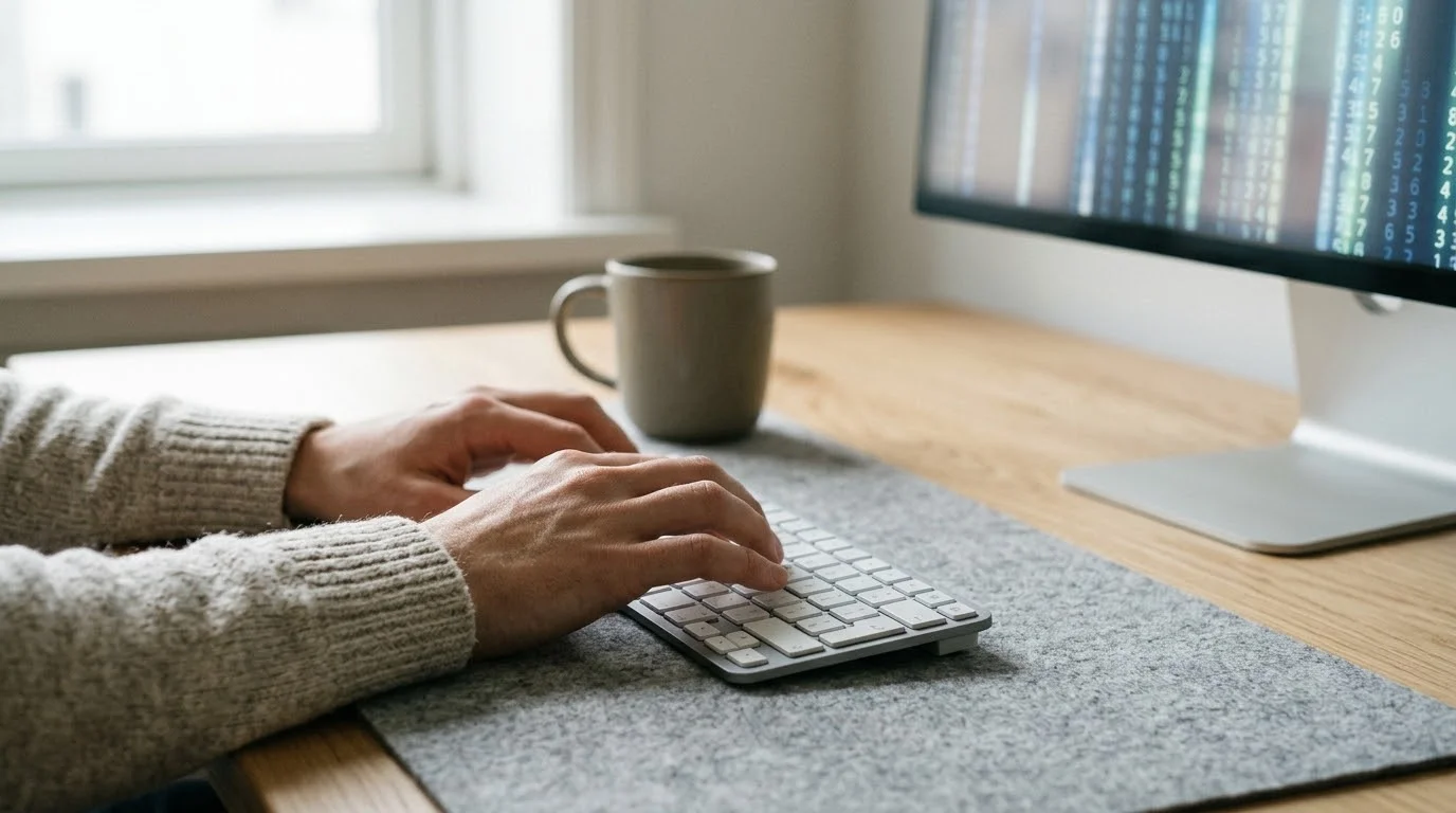 Hände tippen auf einer Tastatur vor einem Monitor mit Zahlenkolonnen