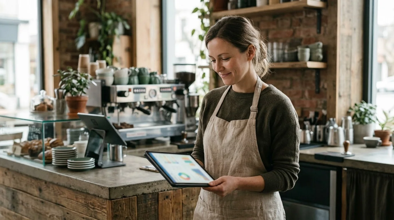 Cafébesitzerin schaut hinter ihrer Theke lächelnd auf ihre Auswertung am Tablet