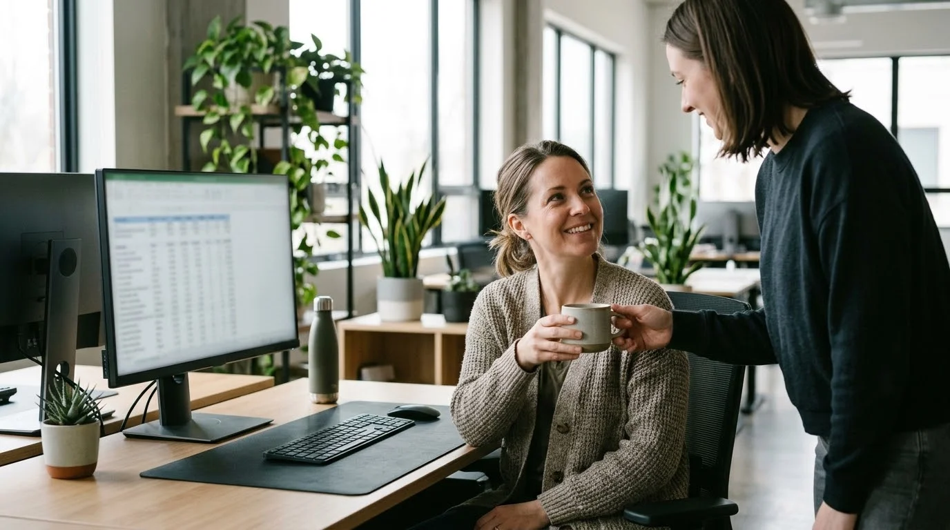 Lohnbuchhalterin prüft eine Abrechnung am Monitor, eine Kollegin reicht ihr einen Kaffee