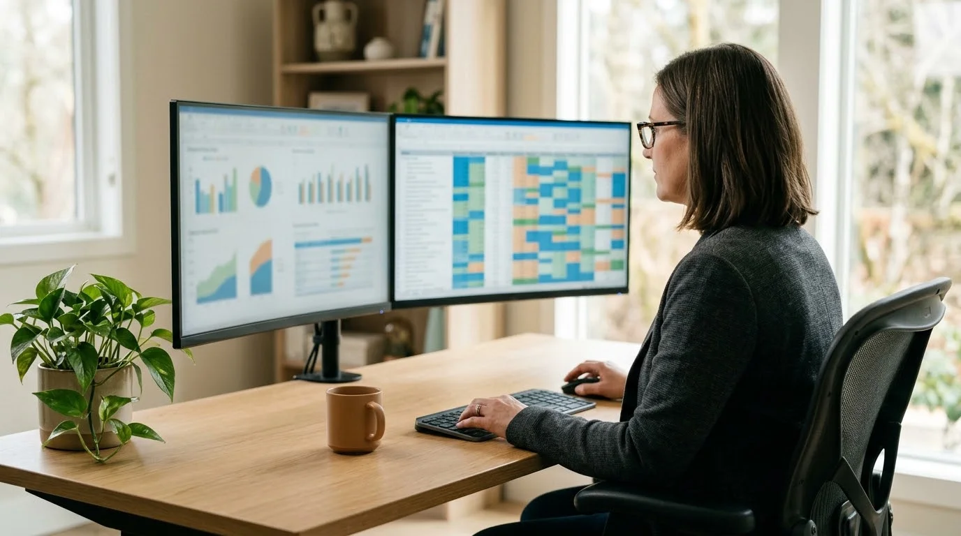 Steuerberaterin arbeitet an zwei Monitoren mit Finanztabellen und Diagrammen