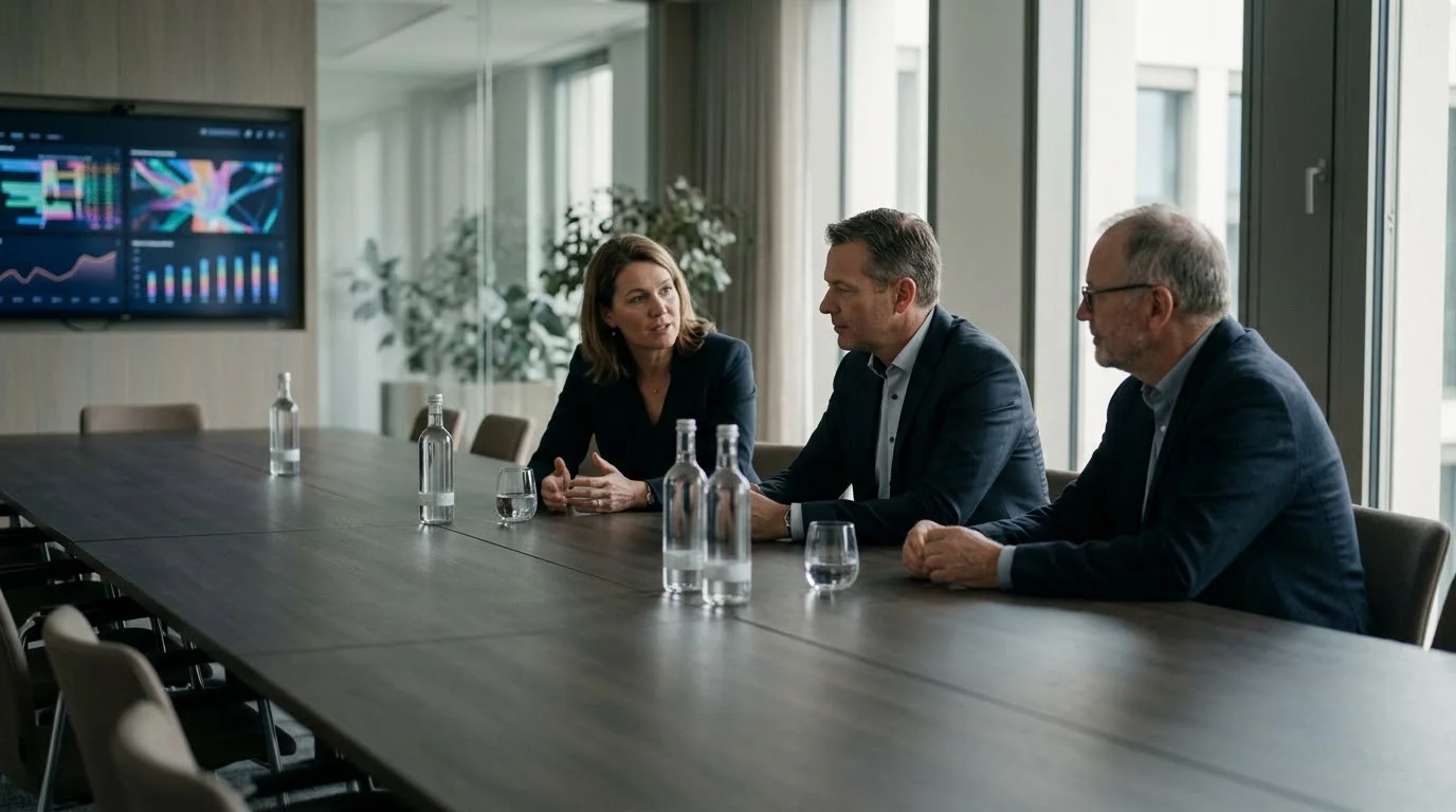 Geschäftsführung und Steuerberater besprechen die Bilanz im Besprechungsraum