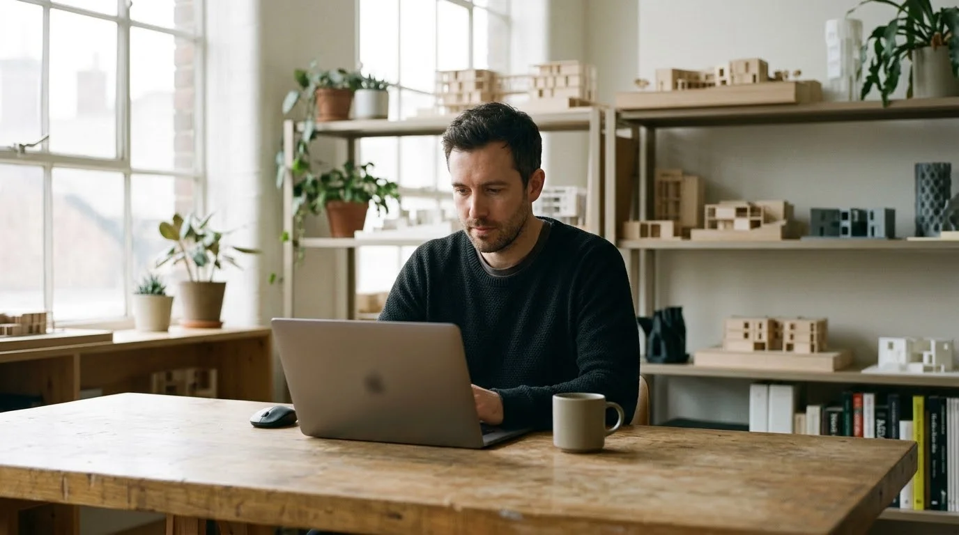 Freiberuflicher Architekt arbeitet in seinem Studio am Laptop, im Regal Architekturmodelle