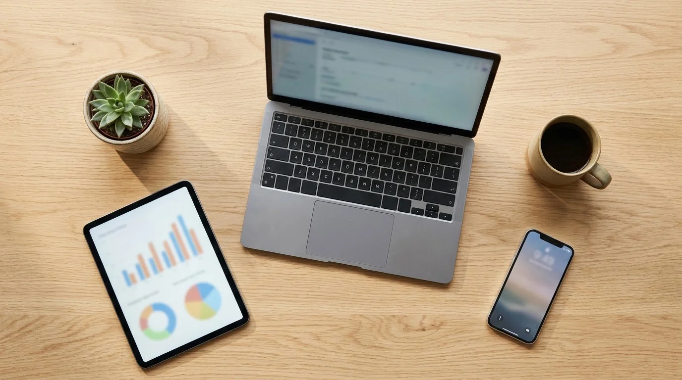 Draufsicht auf einen Holzschreibtisch mit Laptop, Tablet, Smartphone und Kaffee