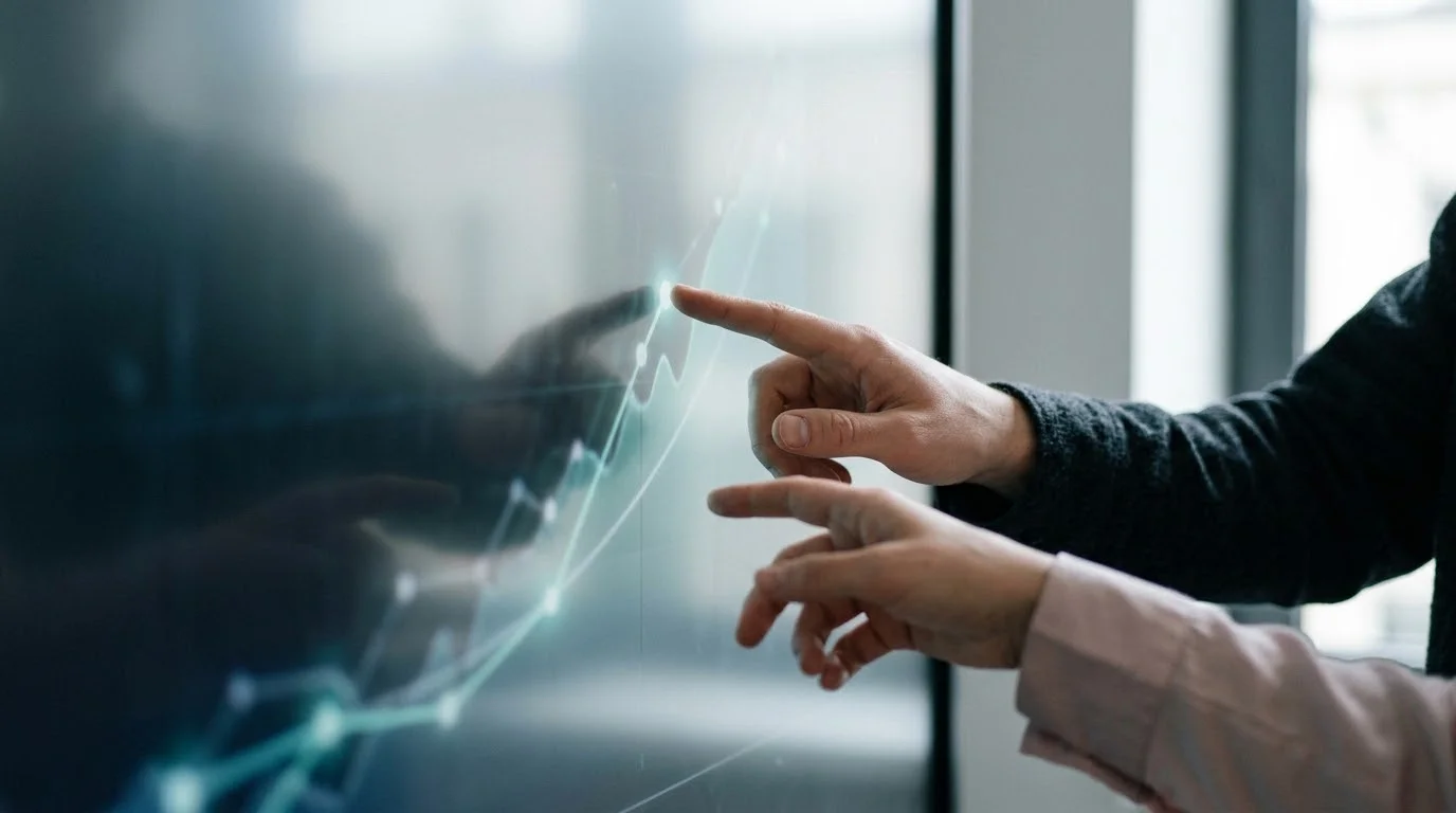 Zwei Hände zeigen auf eine steigende Kurve auf einem großen Touchscreen