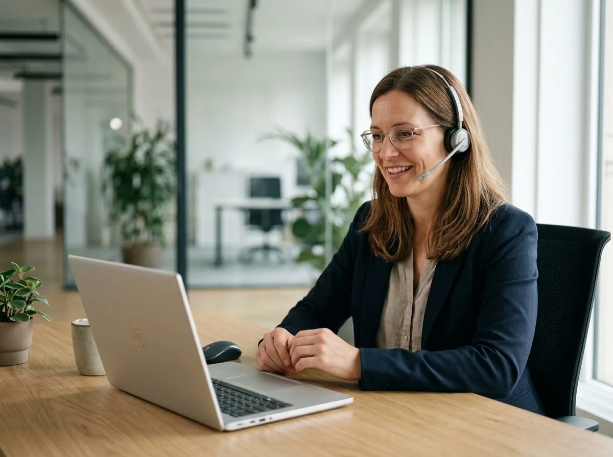 Freundliche Steuerberaterin mit Headset im Videocall am Laptop