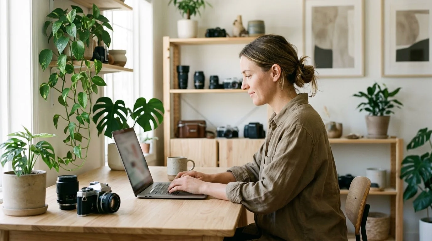 Selbstständige Designerin arbeitet in ihrem hellen Studio am Laptop