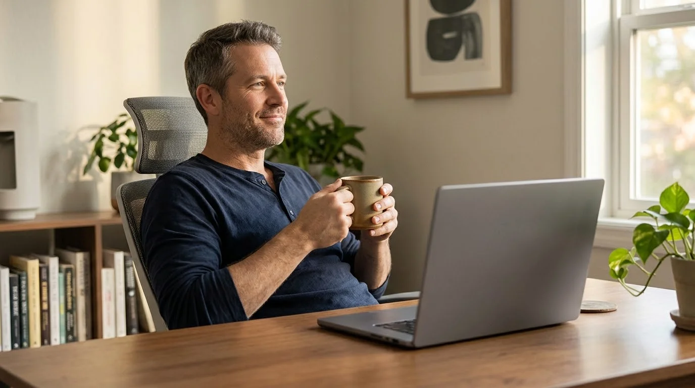 Entspannter Mann mit Teetasse lehnt sich am Schreibtisch im Homeoffice zurück