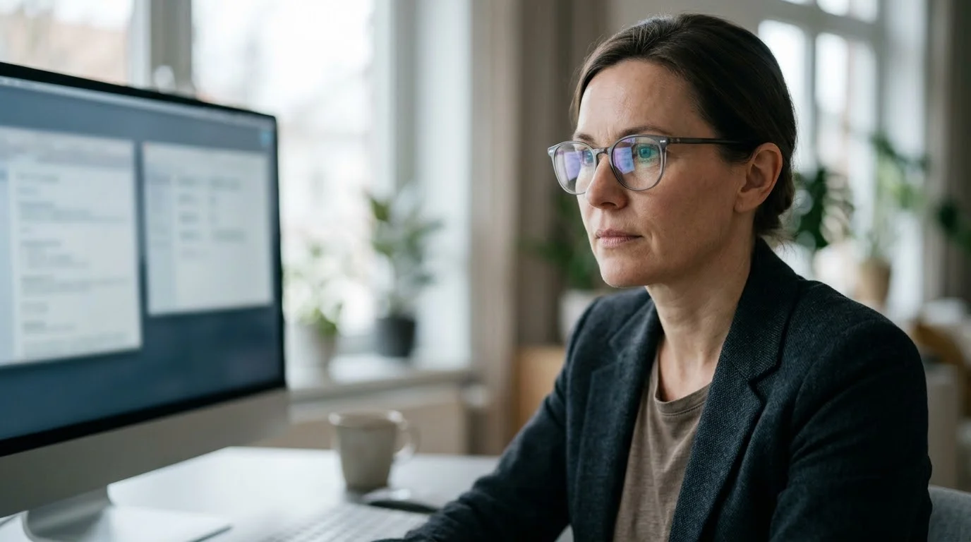 Konzentrierte Steuerberaterin mit Brille prüft einen Steuerbescheid am Monitor