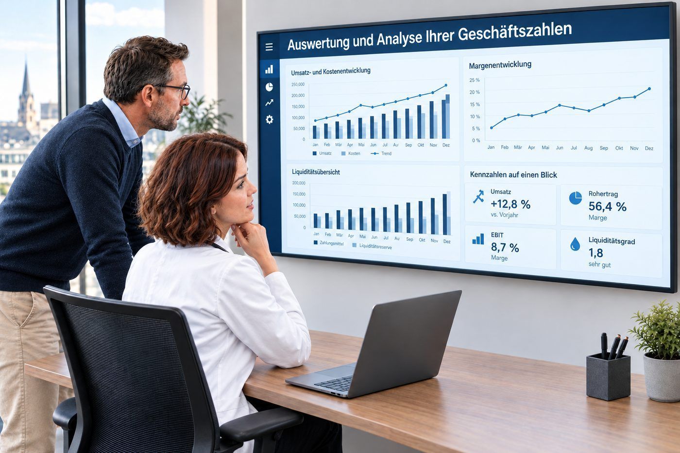 Auswertung und Analyse der Geschäftszahlen auf einem großen Bildschirm im Büro der Kanzlei