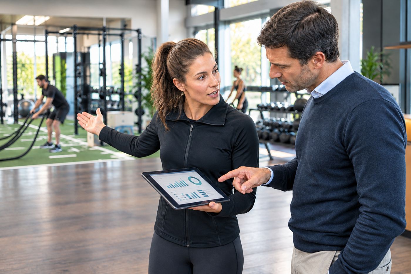 Steuerberater bespricht mit einem Fitnesscoach die Auswertung der Geschäftszahlen im Fitnessstudio